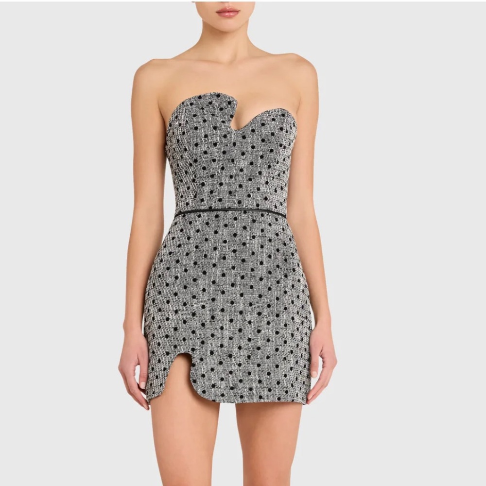 Amanda Uprichard Puzzle Strapless Black & White Polkadot TweedMini Dress Large - Picture 2 of 4